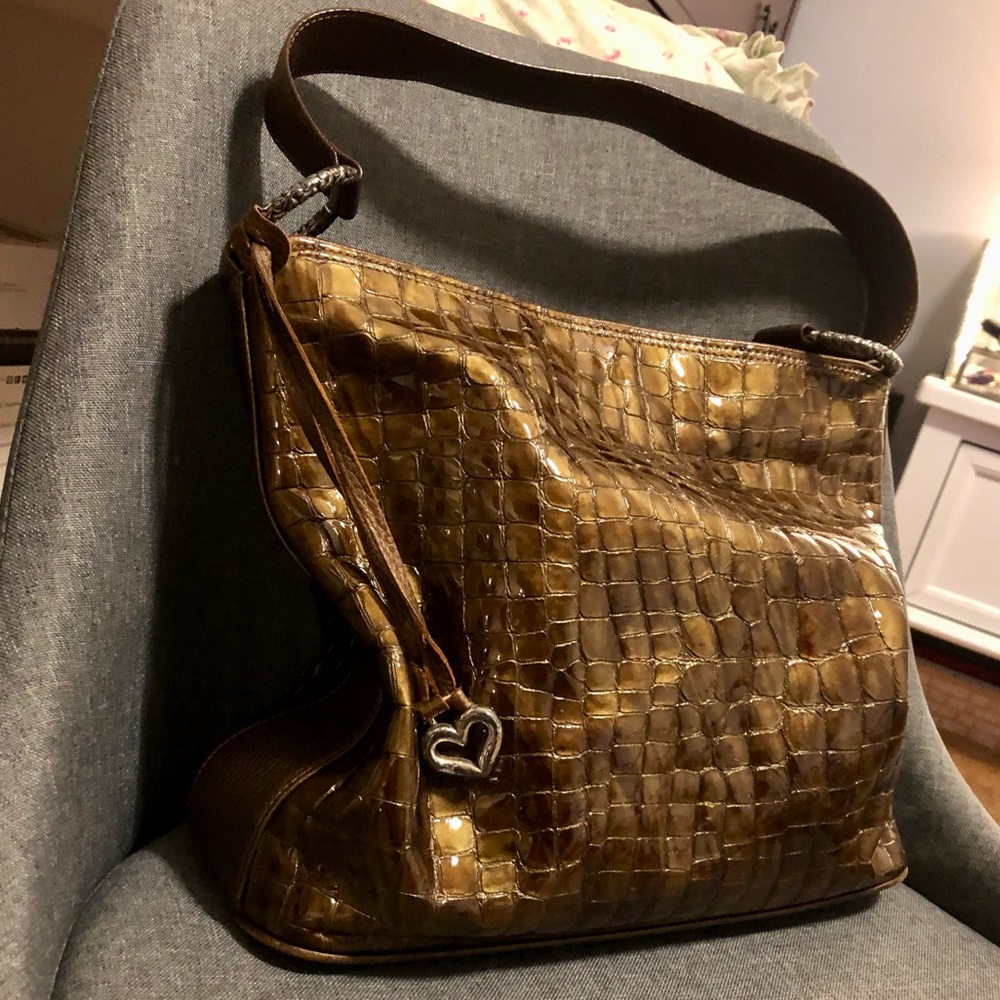 Brighton Embossed Brown Patent Leather Hobo Bag